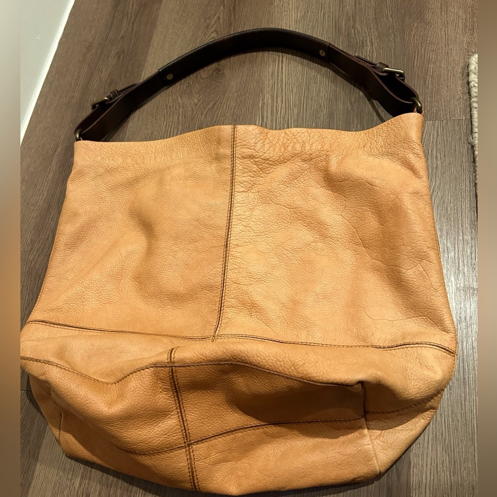 HOLDING HORSES Anthropologie Orange Magnetic Leather Strap Tote Handbag Shoulder